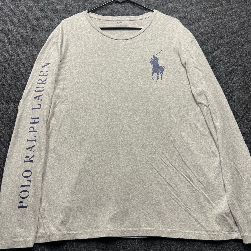 Polo Ralph Lauren Mens XL Long Sleeve T-Shirt Grey Spellout Big Pony Logo 2847